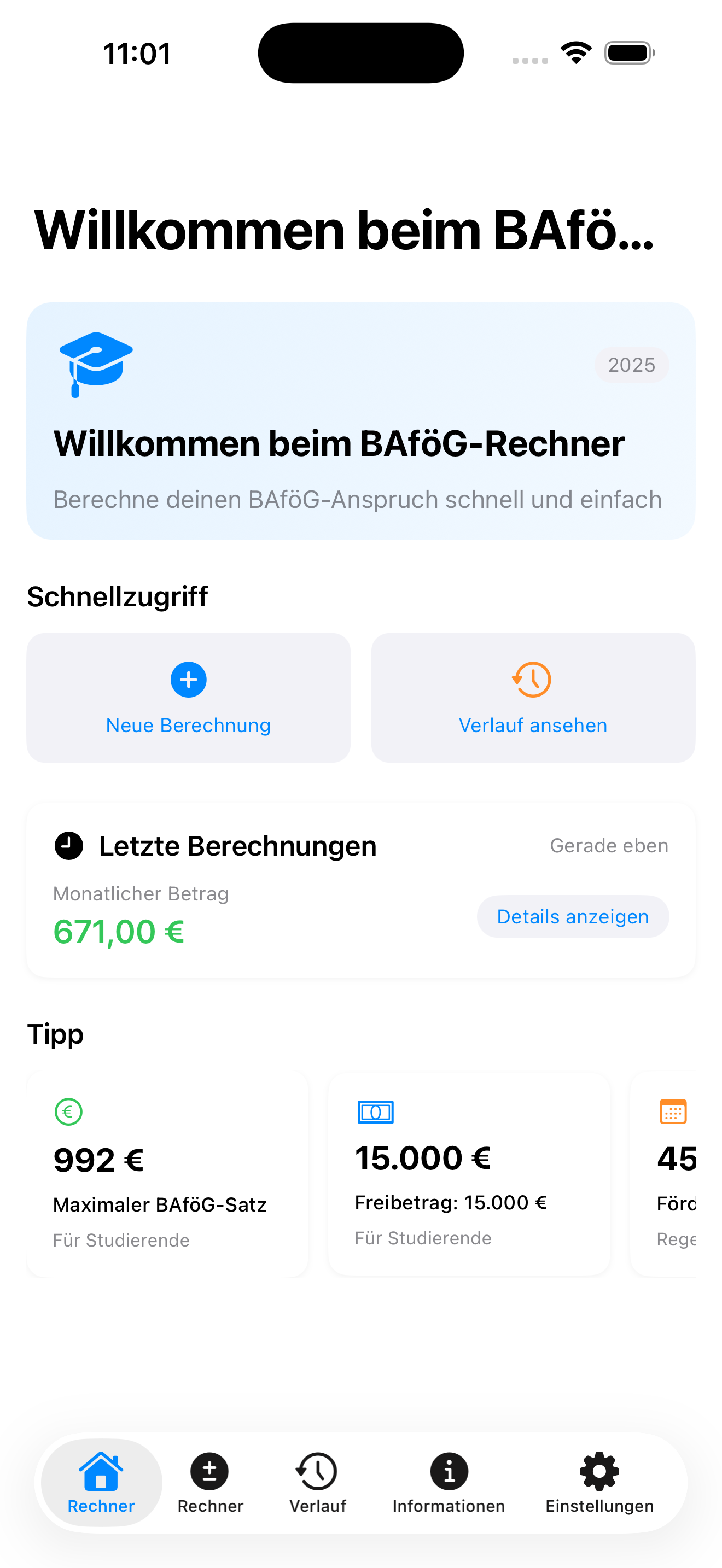BAföG Rechner - Hauptansicht