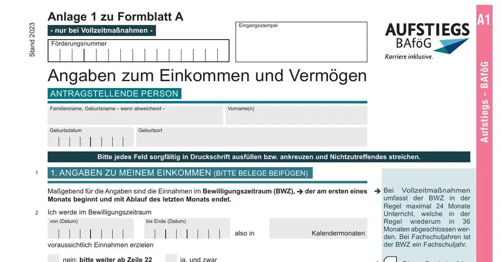 AFBG Formblatt A Anlage 1 (2026): Einkommens- und Vermögenserklärung