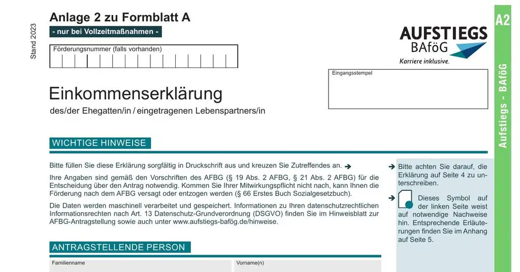 Anlage 2 zu Formblatt A (Stand 2023): Kopf der Einkommenserklärung des Ehegatten oder eingetragenen Lebenspartners beim Aufstiegs-BAföG