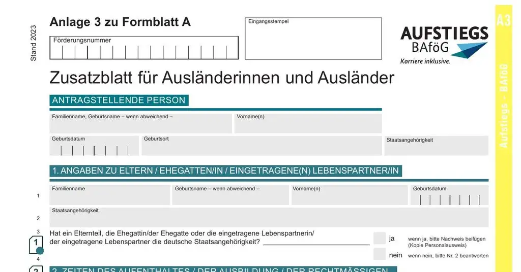 AFBG Formblatt A Anlage 3 (2026): Zusatzblatt für ausländische Antragsteller