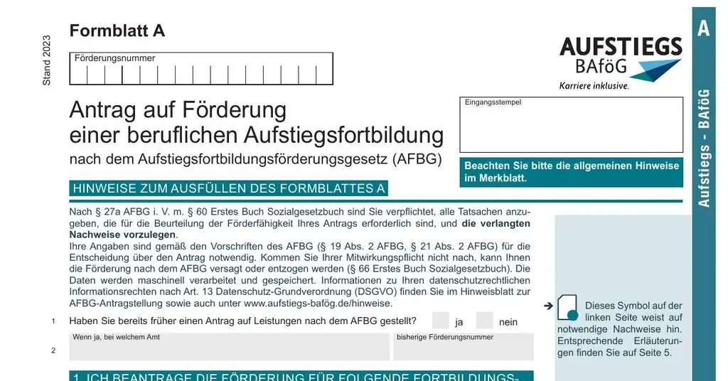 AFBG Formblatt A (Hauptantrag) Seite 1