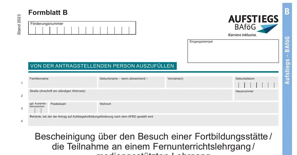 AFBG Formblatt B (Lehrgangsbescheinigung) Seite 1
