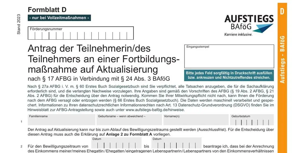 AFBG Formblatt D (Ehepartner-Einkommen) Seite 1