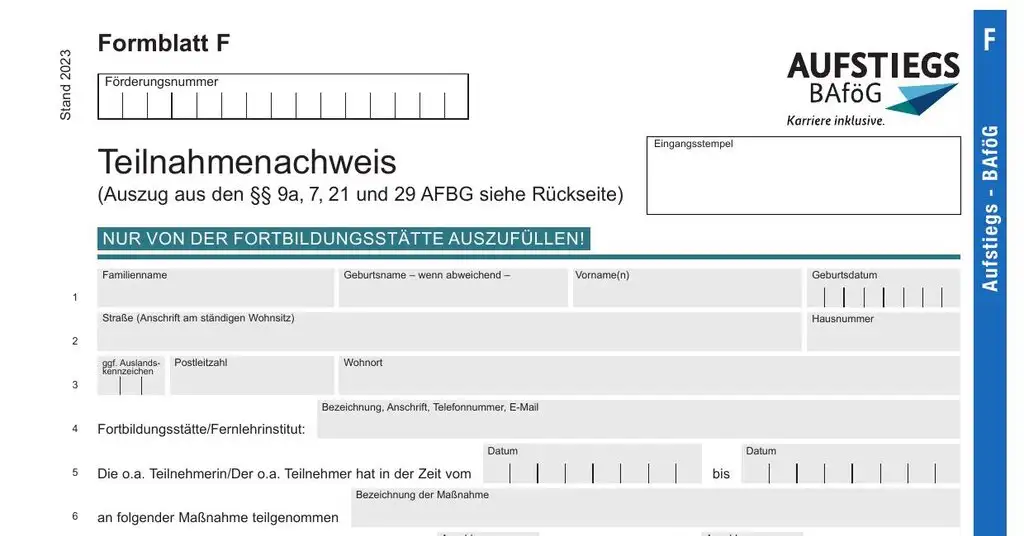 AFBG Formblatt F (2026): Regelmäßige Teilnahme bescheinigen
