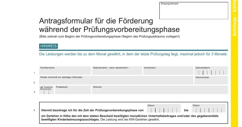 Formblatt G „Antragsformular für die Förderung während der Prüfungsvorbereitungsphase“, Stand 2023: Hinweis auf höchstens 3 Monate und Zeile 4 mit dem Antrag auf ein KfW-Darlehen
