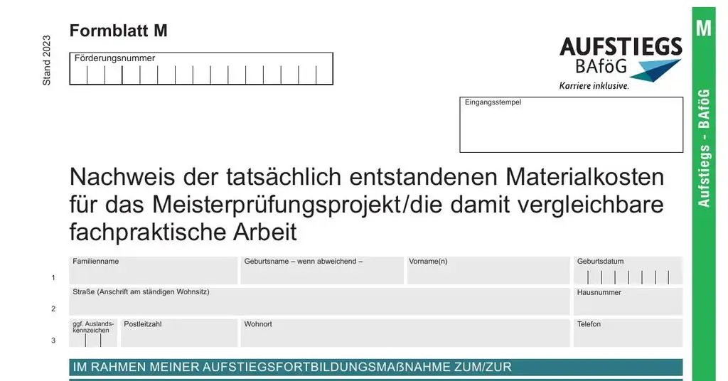 AFBG Formblatt M (2026): Materialkosten Meisterprüfungsstück