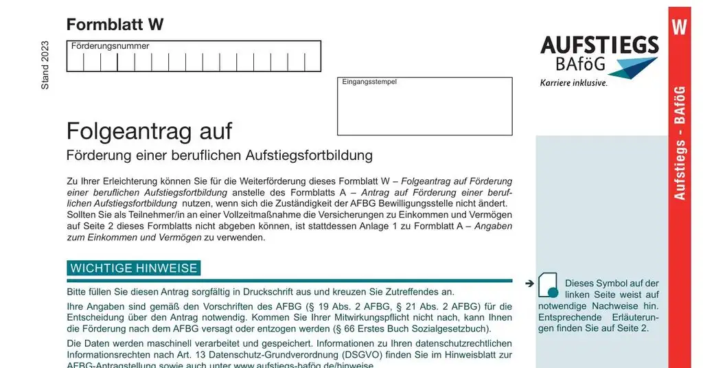 AFBG Formblatt W (Weiterförderungsantrag) Seite 1