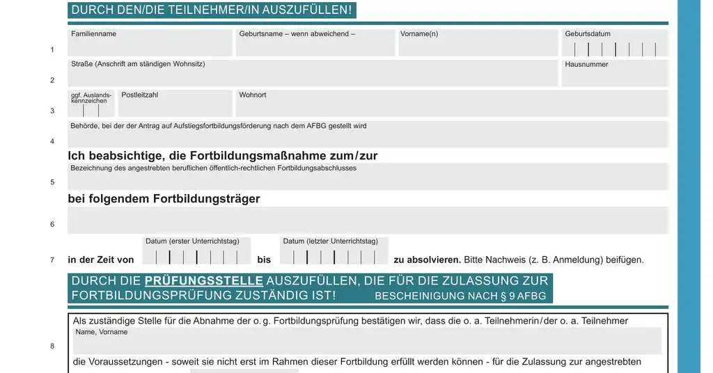 Formblatt Z „Bestätigung der Zulassungsvoraussetzungen“, Stand 2023: oben Zeilen 1 bis 7 für Teilnehmende, darunter der Teil der Prüfungsstelle