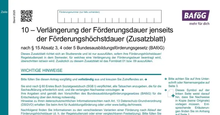 BAföG Formblatt 10 – Verlängerung Förderungshöchstdauer (Seite 1)