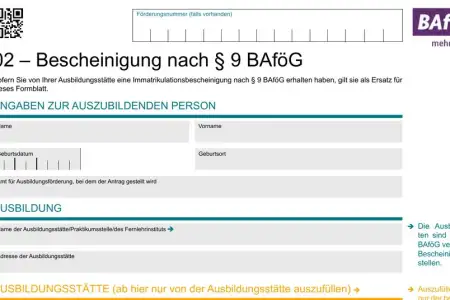 Seite 1 des BAföG-Formblatts 2 „02 – Bescheinigung nach § 9 BAföG“ in der Fassung Stand 2025: Zeilen 1 bis 5 füllst du aus, ab Zeile 6 die Schule
