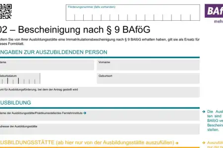 Seite 1 des BAföG-Formblatts 2 „02 – Bescheinigung nach § 9 BAföG“ in der Fassung Stand 2025: Zeilen 1 bis 5 füllst du aus, ab Zeile 6 die Schule