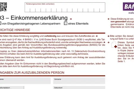 Seite 1 des BAföG-Formblatts 3 „03 – Einkommenserklärung“ in der Fassung Stand 2025