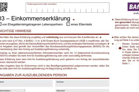 Seite 1 des BAföG-Formblatts 3 „03 – Einkommenserklärung“ in der Fassung Stand 2025