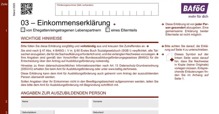 Seite 1 des BAföG-Formblatts 3 „03 – Einkommenserklärung“ in der Fassung Stand 2025
