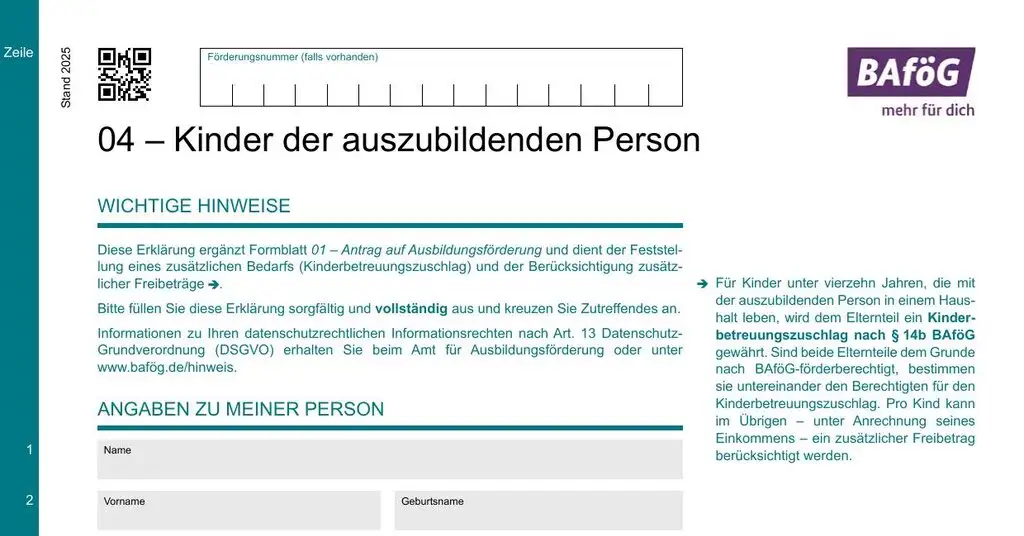 BAföG Formblatt 4 – Kinderbetreuungszuschlag (Seite 1)