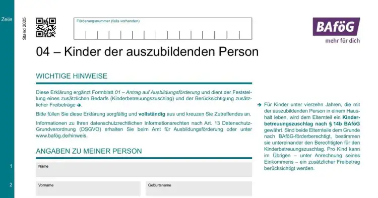 BAföG Formblatt 4 – Kinderbetreuungszuschlag (Seite 1)