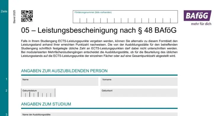 BAföG Formblatt 5 – Leistungsbescheinigung (Seite 1)