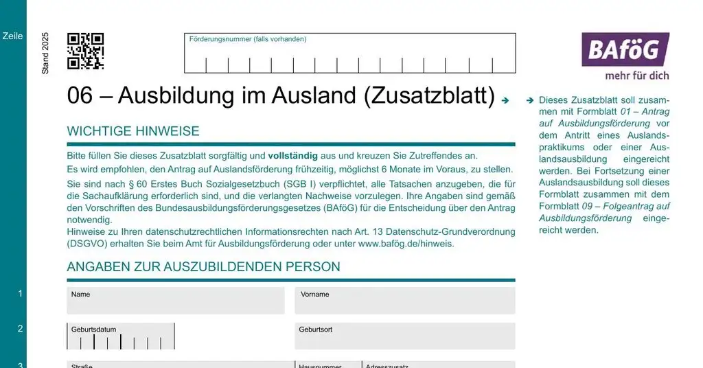 BAföG Formblatt 6 – Auslands-BAföG Zusatzblatt (Seite 1)