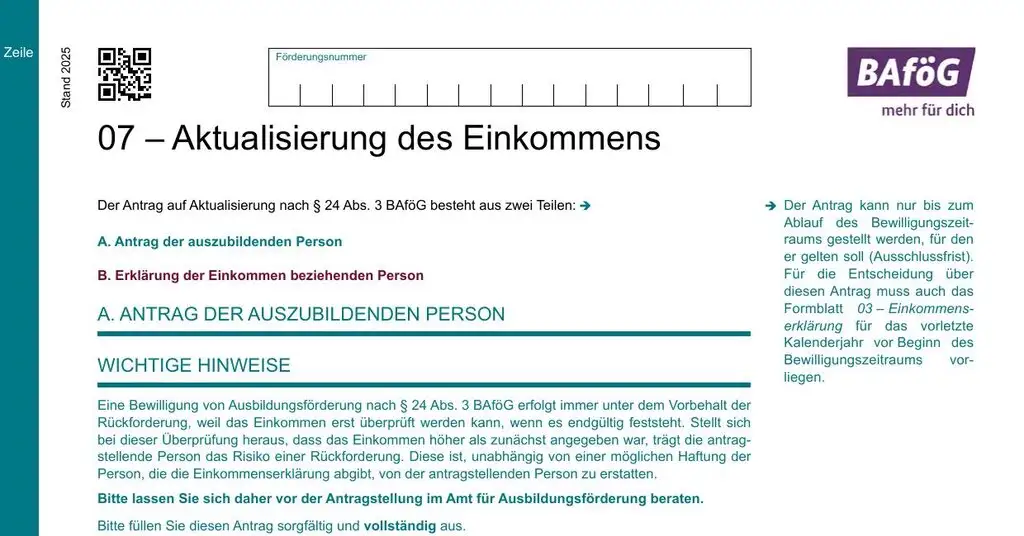 BAföG-Formblatt 7 „Aktualisierung des Einkommens“, Stand 2025, Seite 1 mit Teil A und Teil B