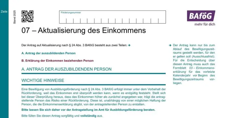 BAföG-Formblatt 7 „Aktualisierung des Einkommens“, Stand 2025, Seite 1 mit Teil A und Teil B