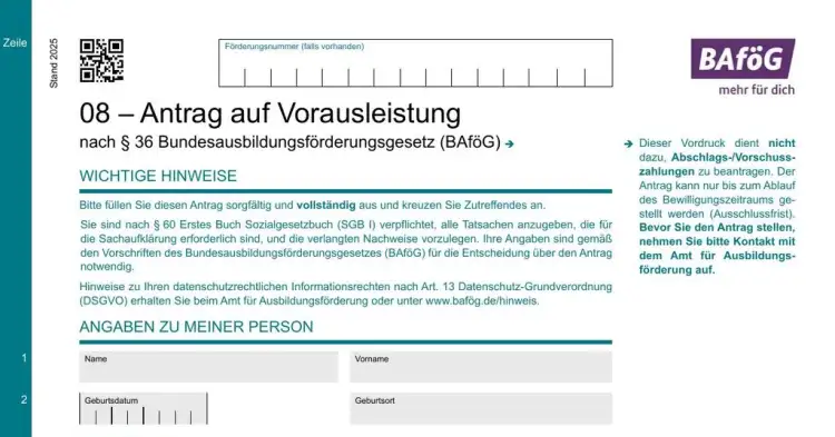 BAföG-Formblatt 8 „Antrag auf Vorausleistung“, Stand 2025, Seite 1