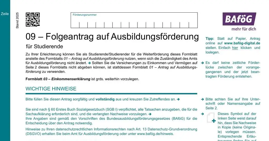 BAföG Formblatt 9 – Folgeantrag-Kurzform (Seite 1)