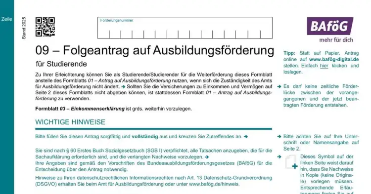 BAföG Formblatt 9 – Folgeantrag-Kurzform (Seite 1)