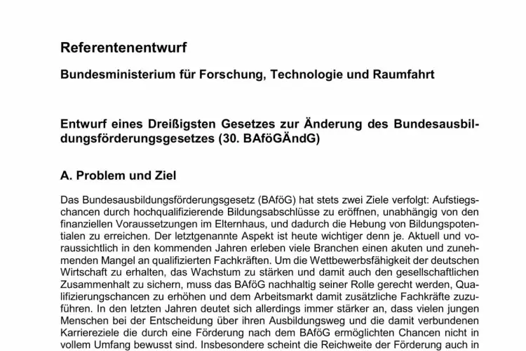 Titelseite des Entwurfs eines Dreißigsten Gesetzes zur Änderung des Bundesausbildungsförderungsgesetzes