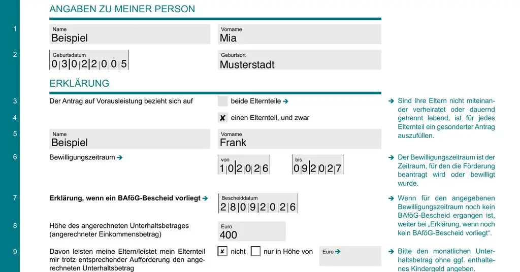 Ausschnitt aus BAföG-Formblatt 8, Stand 2025, mit Musterdaten: ein Elternteil, Bewilligungszeitraum 10/2026 bis 09/2027, angerechneter Unterhaltsbetrag 400 Euro, Kreuz bei „nicht“