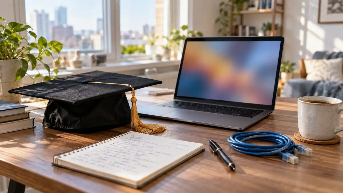 Schreibtisch mit Laptop, Absolventenhut, Notizblock und Netzwerkkabel als Symbol für den Berufseinstieg in die IT-Sicherheit