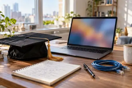 Schreibtisch mit Laptop, Absolventenhut, Notizblock und Netzwerkkabel als Symbol für den Berufseinstieg in die IT-Sicherheit