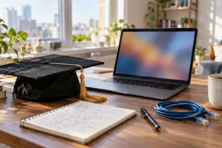 Schreibtisch mit Laptop, Absolventenhut, Notizblock und Netzwerkkabel als Symbol für den Berufseinstieg in die IT-Sicherheit