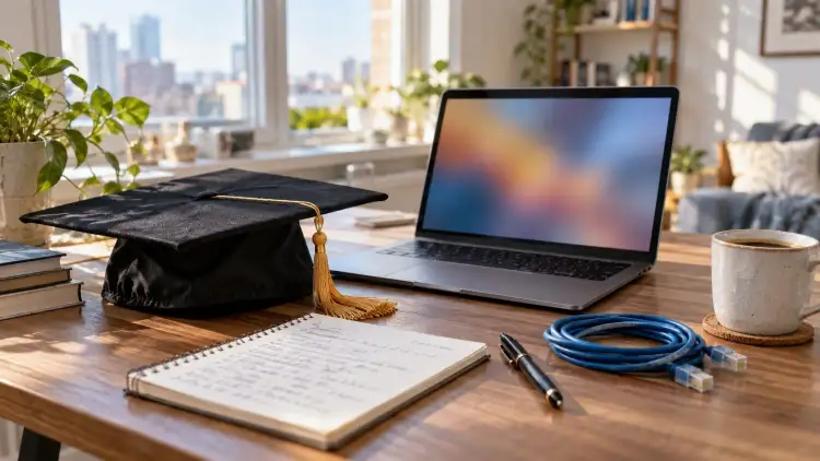 Schreibtisch mit Laptop, Absolventenhut, Notizblock und Netzwerkkabel als Symbol für den Berufseinstieg in die IT-Sicherheit